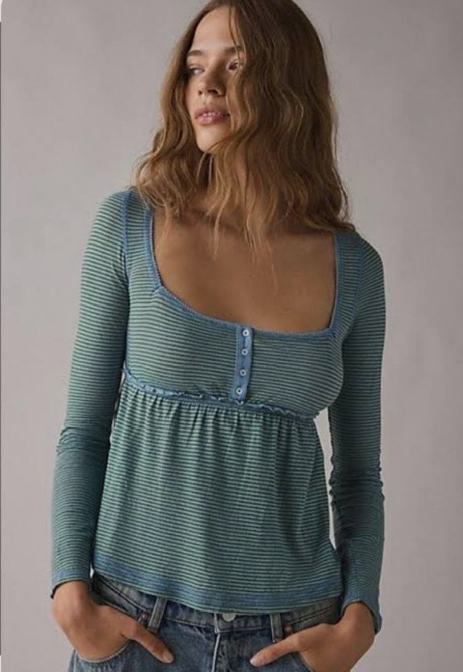 BDG Urban Outfitters Brittney Long Sleeve Henley Babydoll Striped Top Y2K